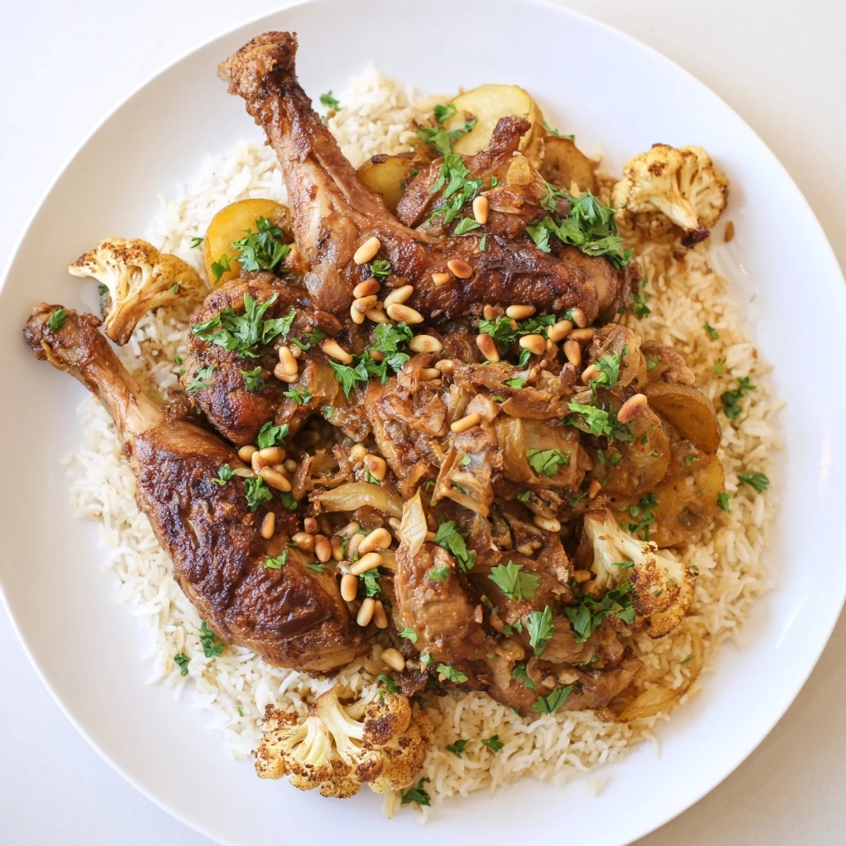 Fluffy basmati rice and tender chicken form the delicious layers of Palestinian Maklouba.