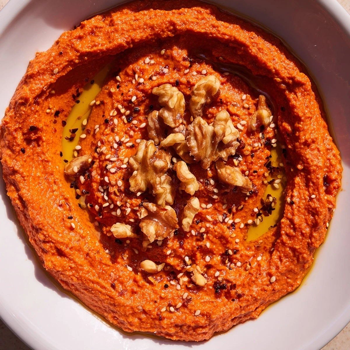 Smoky Syrian Muhammara dip, a vibrant red color, served with warm pita bread for dipping.