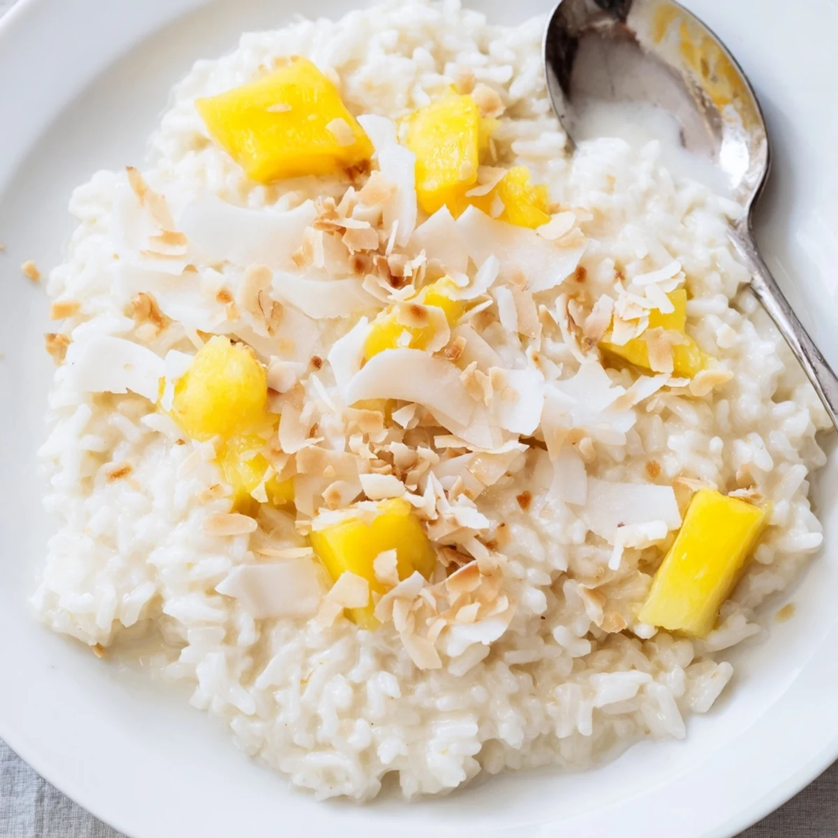 Warm, creamy Coconut Rice Sweet served in a bowl, topped with toasted coconut flakes and fresh mango chunks for a tropical dessert.