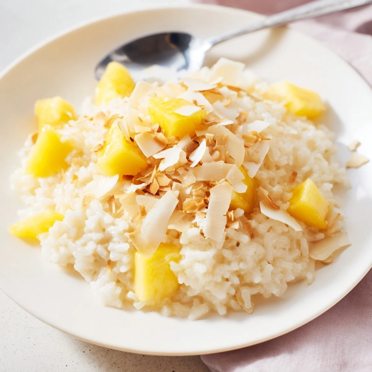 Steaming plate of fluffy Coconut Rice Sweet, fragrant with jasmine rice and coconut milk, garnished with sweet pineapple pieces for a vibrant finish.