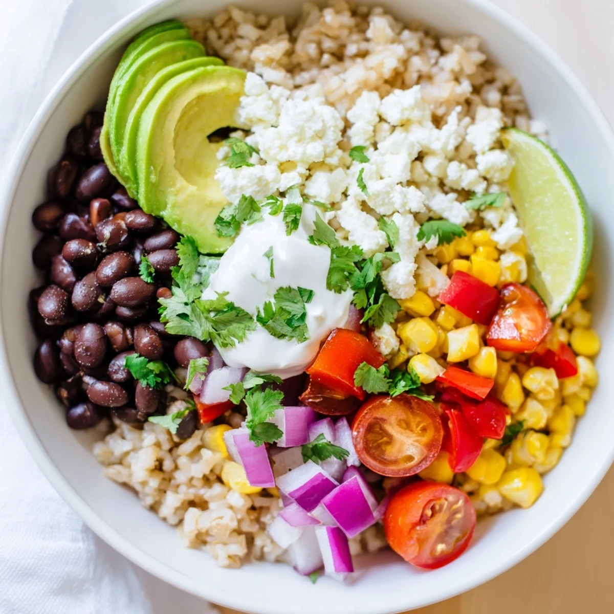 A vibrant Brown Rice Burrito Bowl filled with fluffy rice, hearty black beans, colorful bell peppers, sweet corn, and creamy avocado slices.