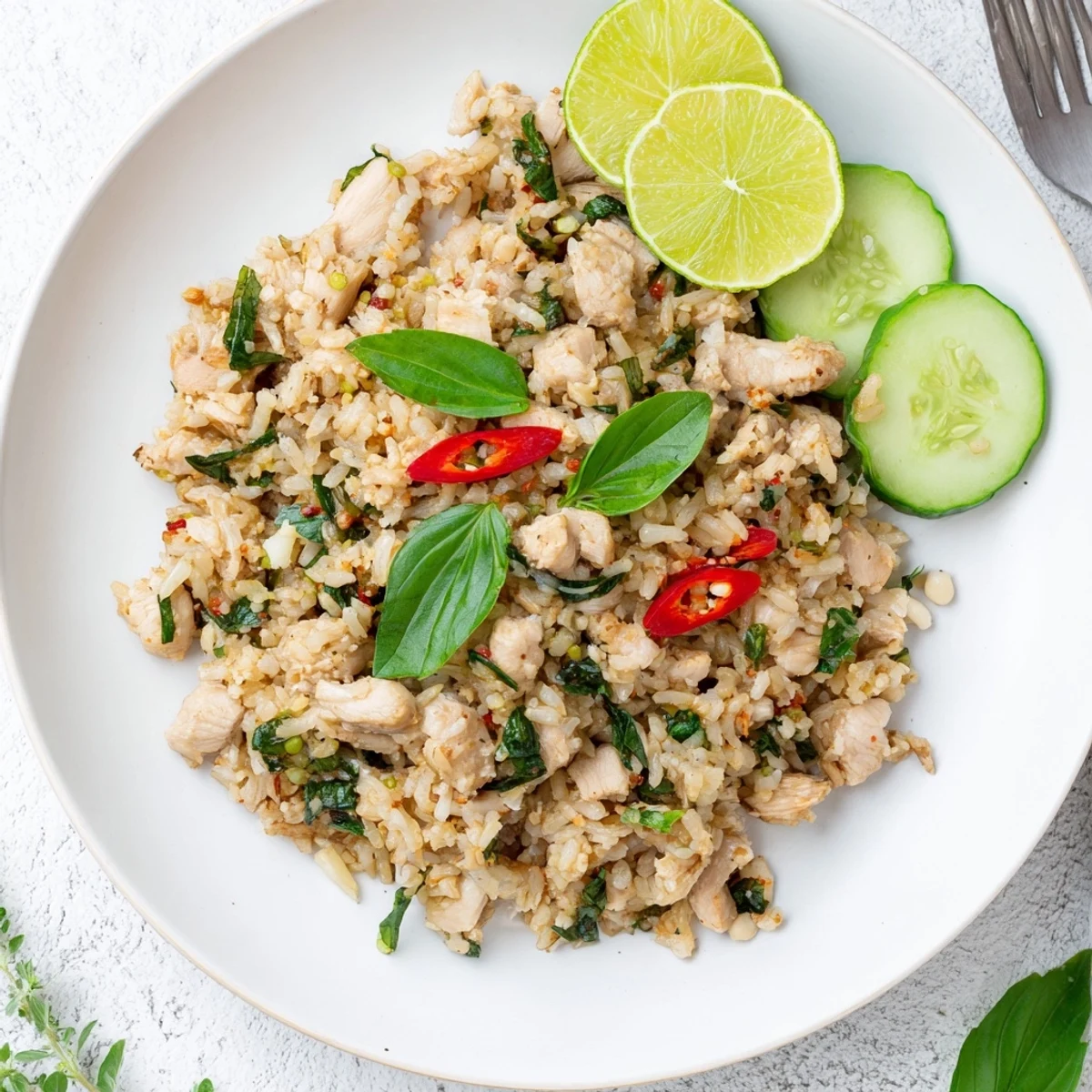 Steaming Thai Basil Chicken Fried Rice with tender chicken, red chilies, and holy basil, served with lime wedges and cucumber slices.  