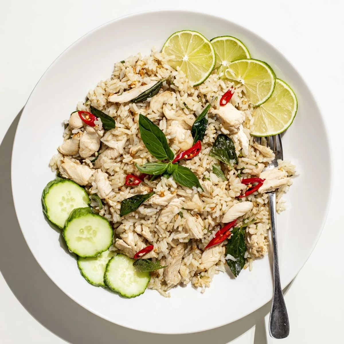 Vibrant Thai Basil Chicken Fried Rice featuring juicy chicken, aromatic holy basil, red chilies, and jasmine rice ready to serve.