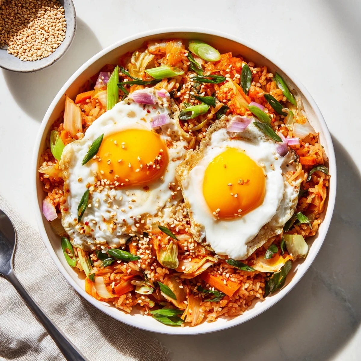 Steam rises from a bowl of kimchi fried rice, studded with diced carrots, onions, and topped with a sunny-side-up fried egg and sesame seeds.