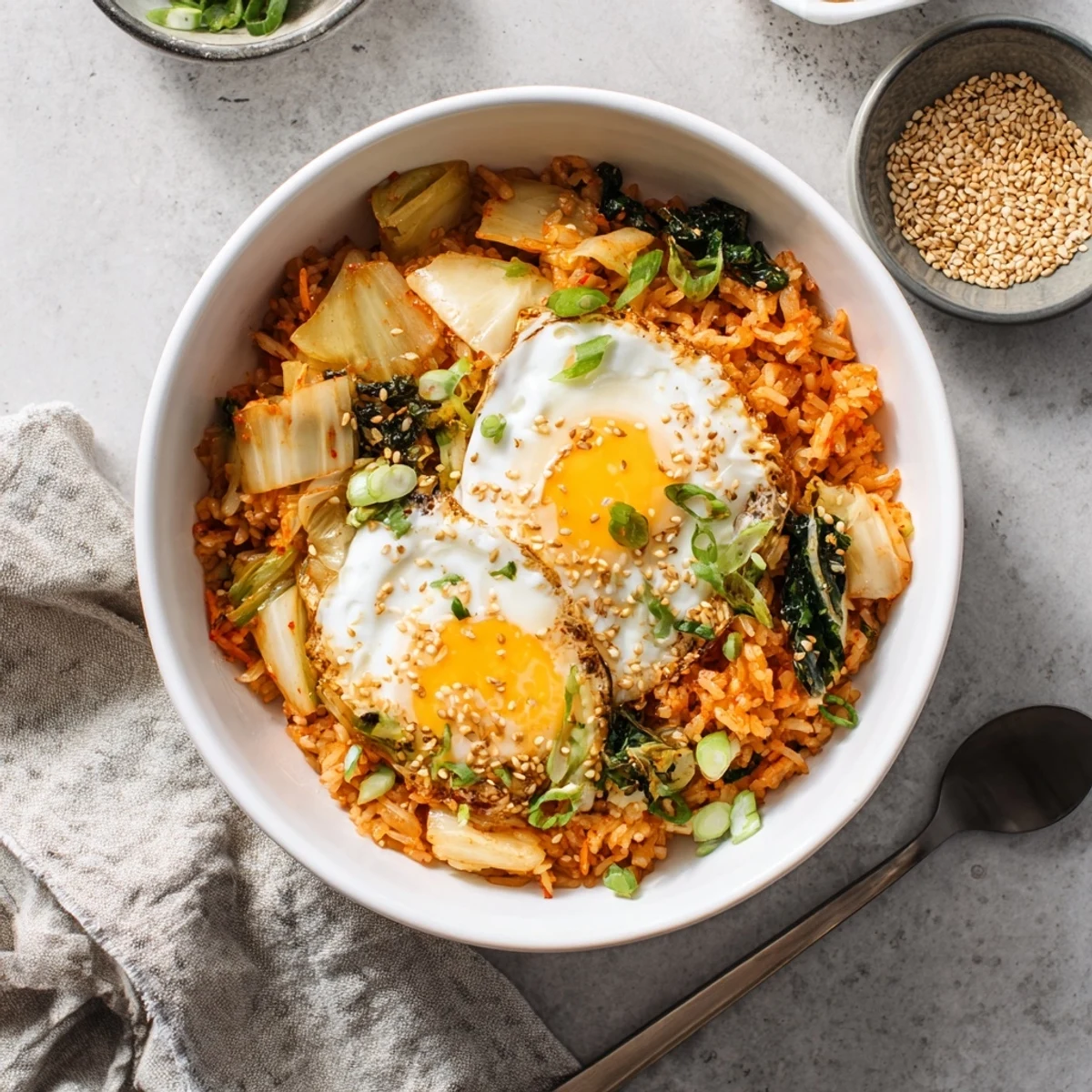 A serving of spicy kimchi fried rice on a ceramic plate, garnished with sesame seeds and green onions, ready for a quick dinner.