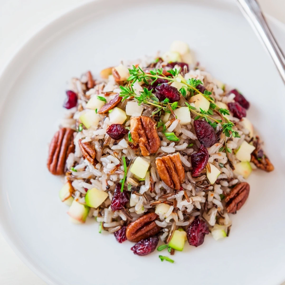 Savory Wild Rice Harvest Salad tossed with fresh herbs, apple slices, and a glistening apple cider vinaigrette.