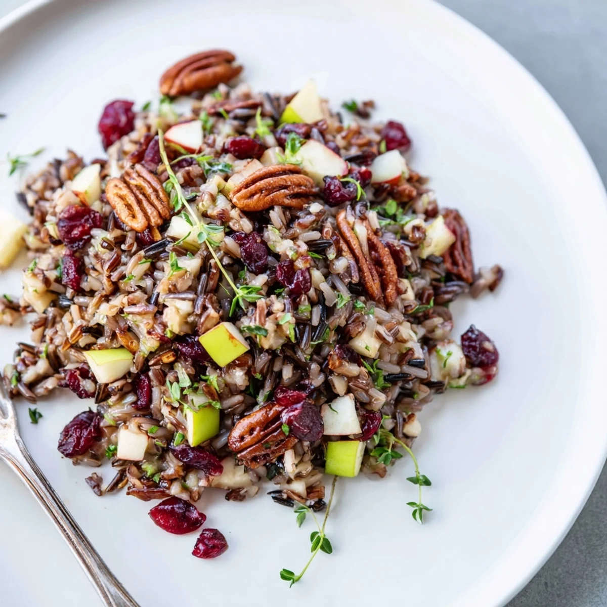 Hearty Wild Rice Harvest Salad served chilled, ready for a festive fall dinner or a nutritious packed lunch.