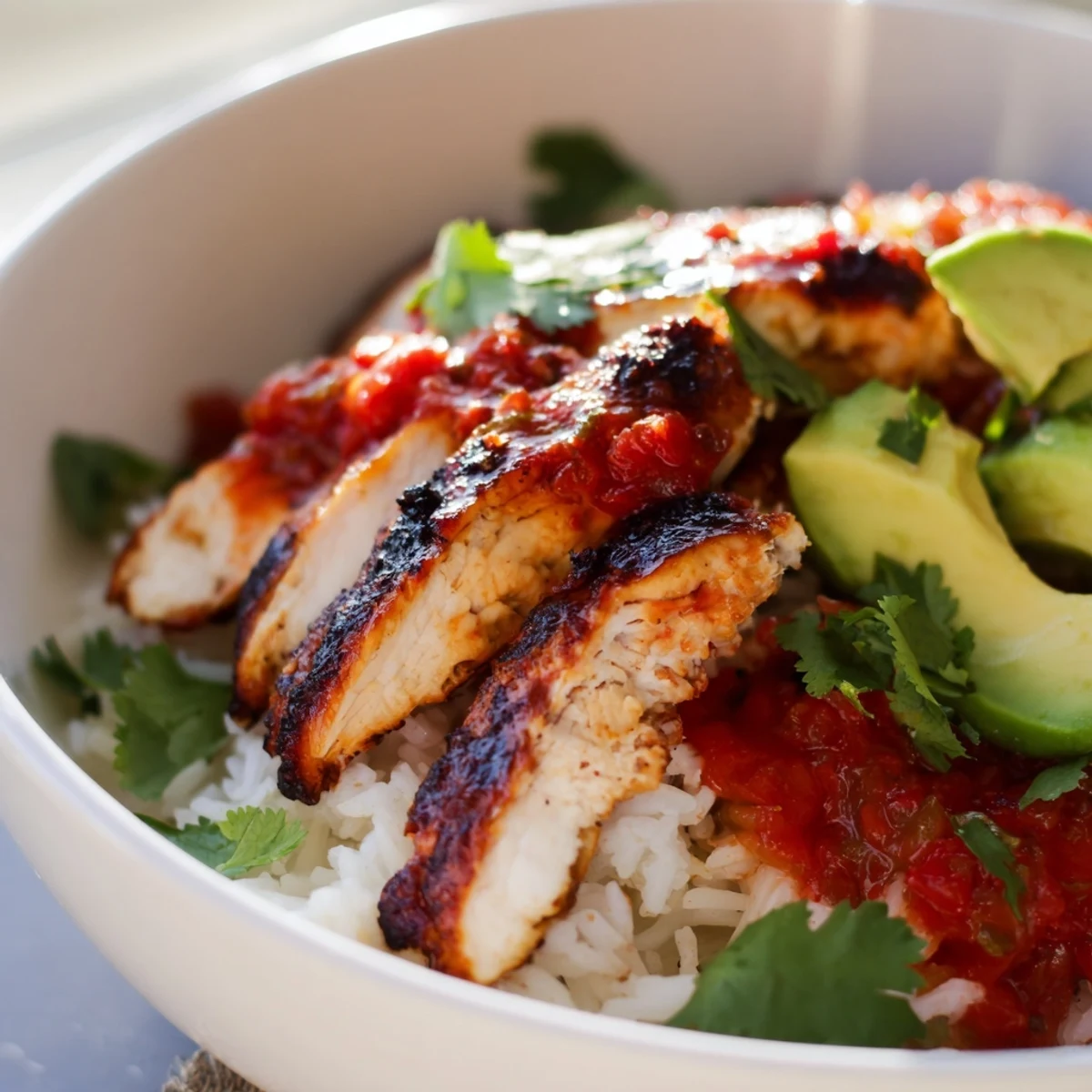 A plated Spicy Chicken Burrito Bowl with charred chicken, fluffy rice, black beans, corn, avocado, and salsa.