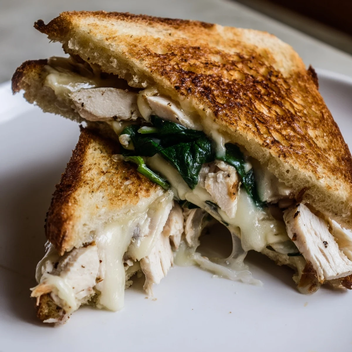 Golden-brown Grilled Chicken Spinach Panini on a rustic wooden board, showcasing melty mozzarella and fresh spinach nestled between crusty bread slices.
