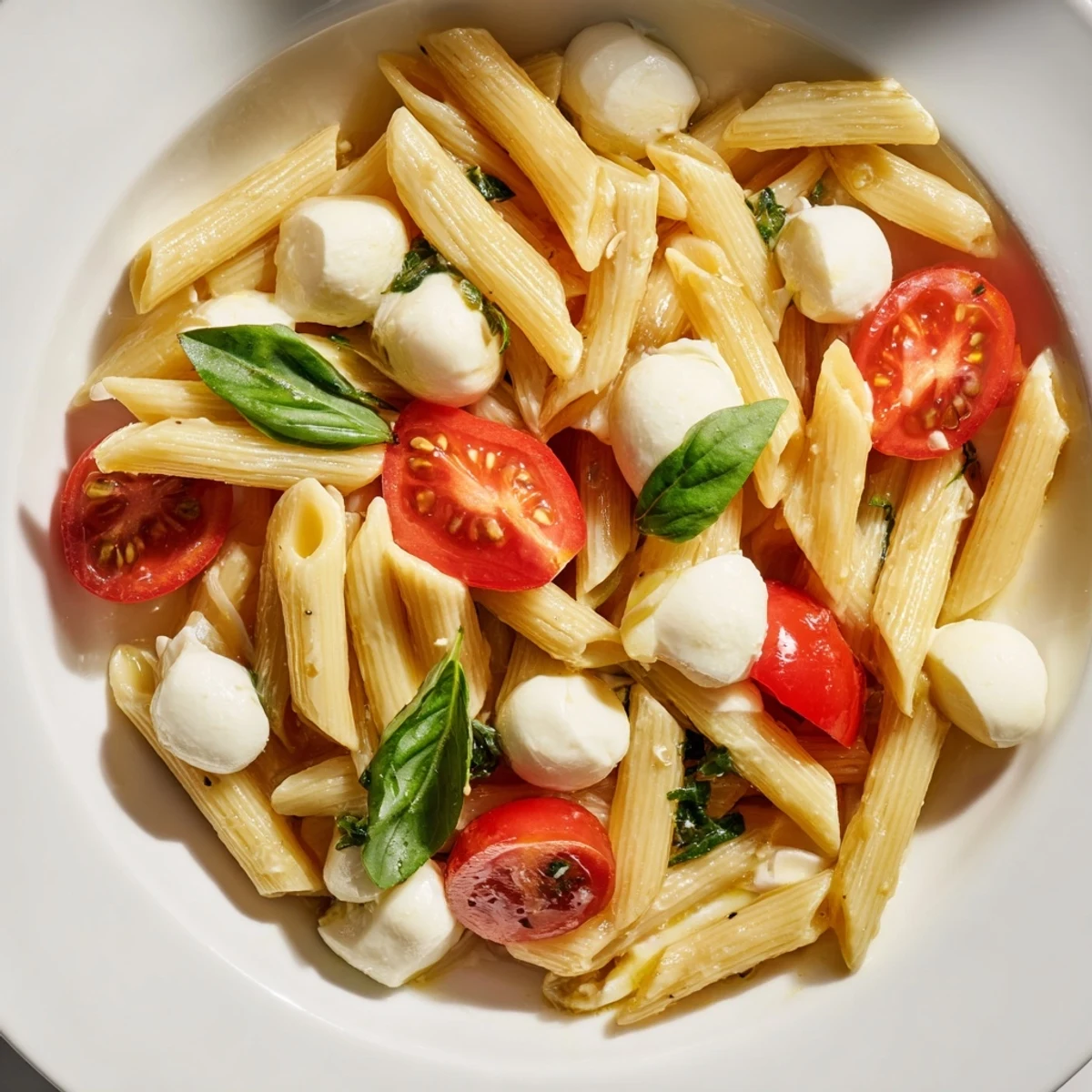 Juicy cherry tomatoes, creamy mozzarella pearls, and fresh basil tossed with al dente penne pasta in a Caprese Salad Pasta.  