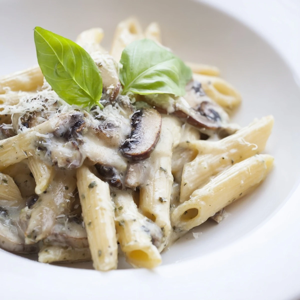 A close-up of creamy Mushroom Pesto Pasta twirled on a fork, showcasing sautéed mushrooms and fresh basil garnish.
