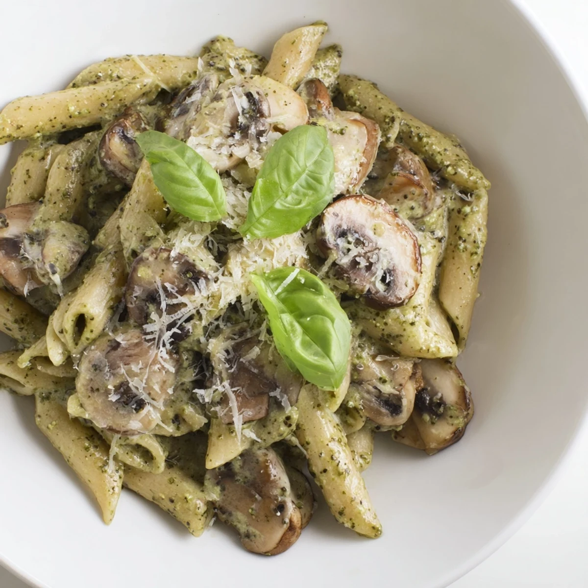 A warm skillet of savory Mushroom Pesto Pasta, garnished with grated Parmesan and fresh basil, ready for a weeknight meal.