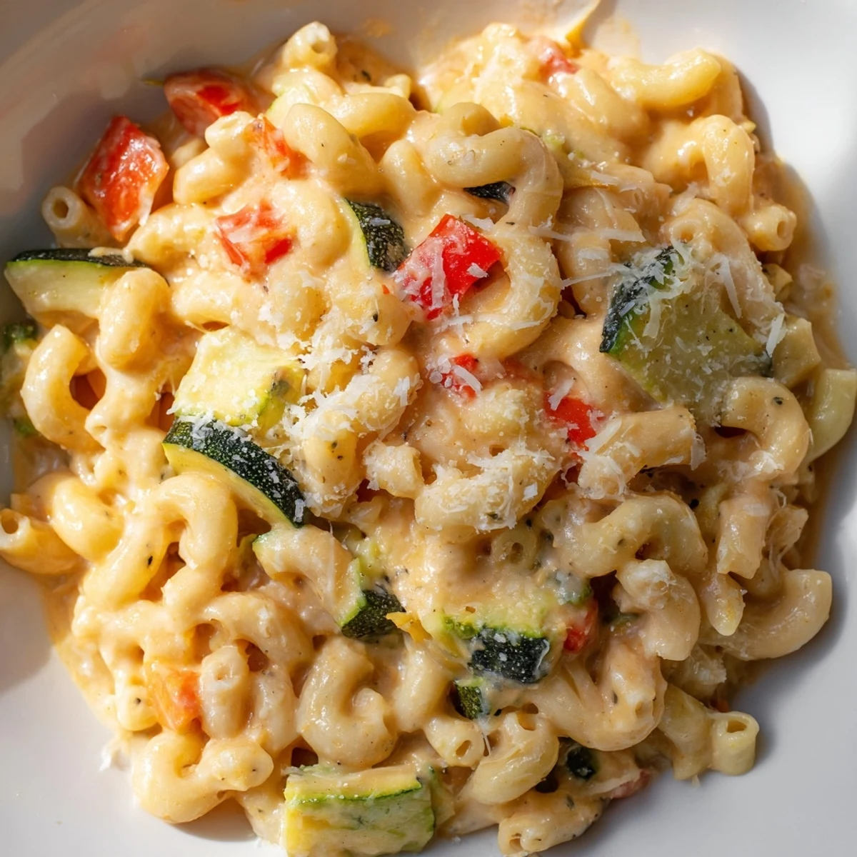 Creamy cheddar and mozzarella sauce coats tender macaroni, mixed with sweet roasted red bell peppers, zucchini, and broccoli florets in this Roasted Veggie Mac & Cheese.