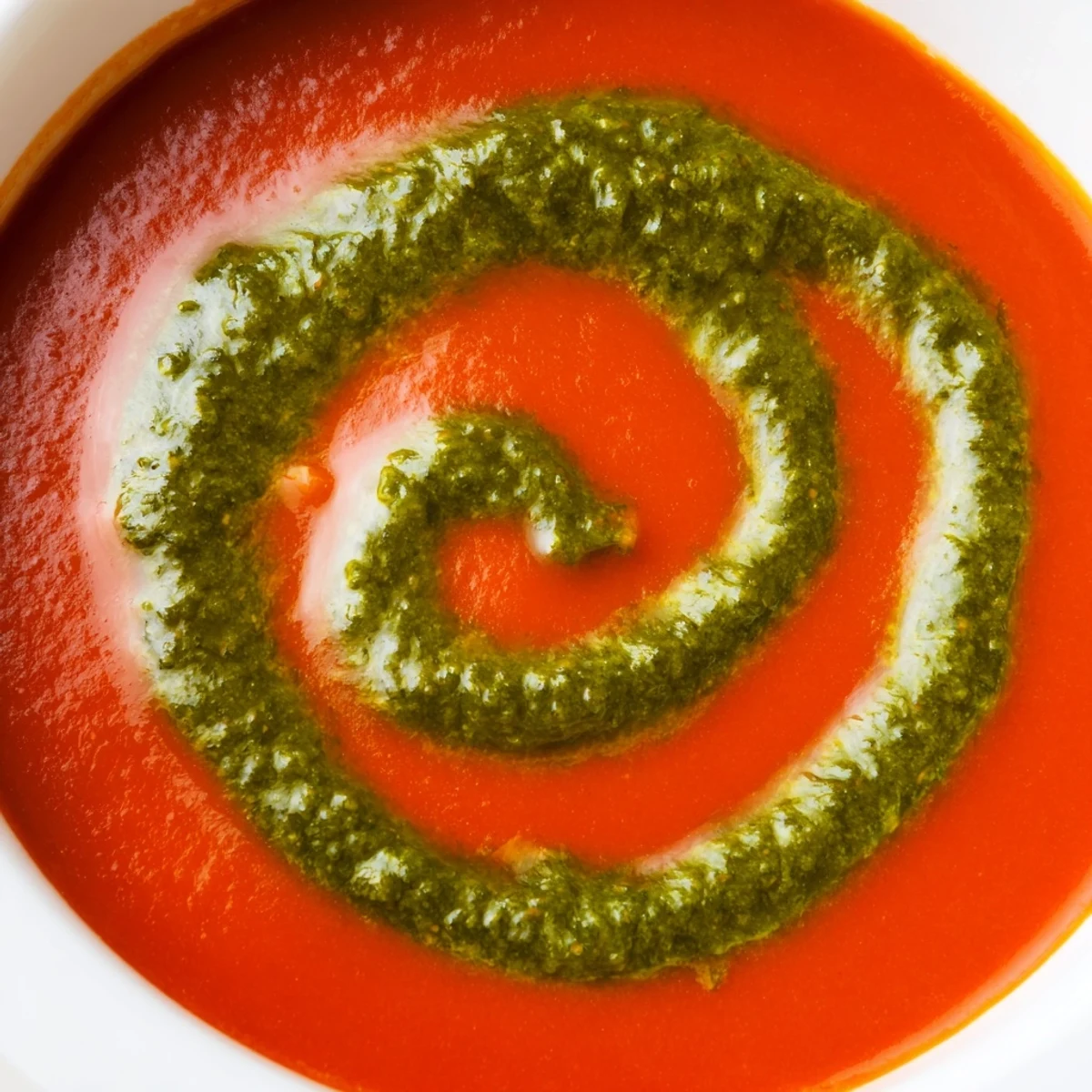 A bowl of velvety tomato soup with basil pesto swirl, garnished with pine nuts and a crusty bread slice on the side.  