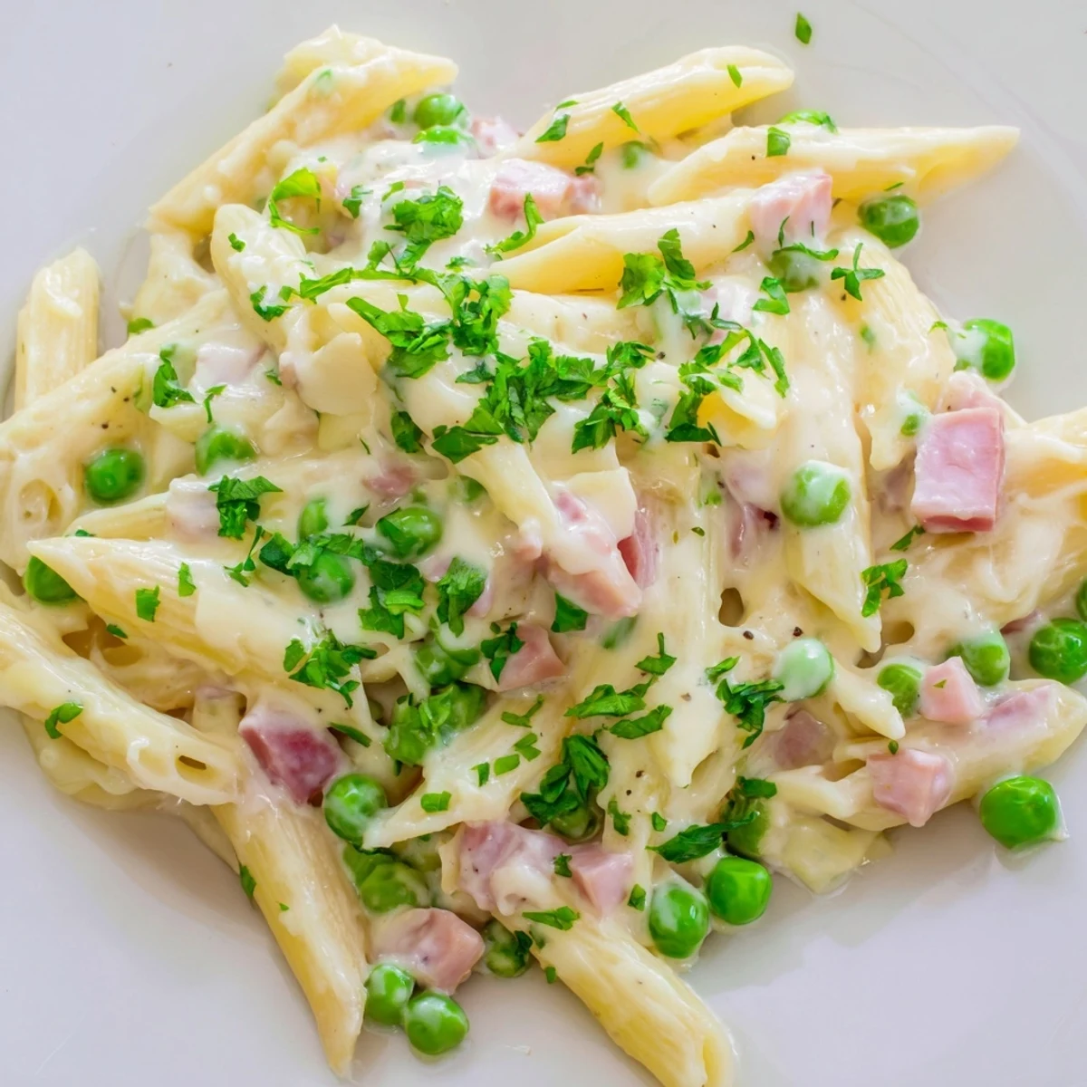 Creamy Spring Pea & Ham Pasta with tender penne, sweet peas, and savory ham tossed in a rich parmesan sauce.  