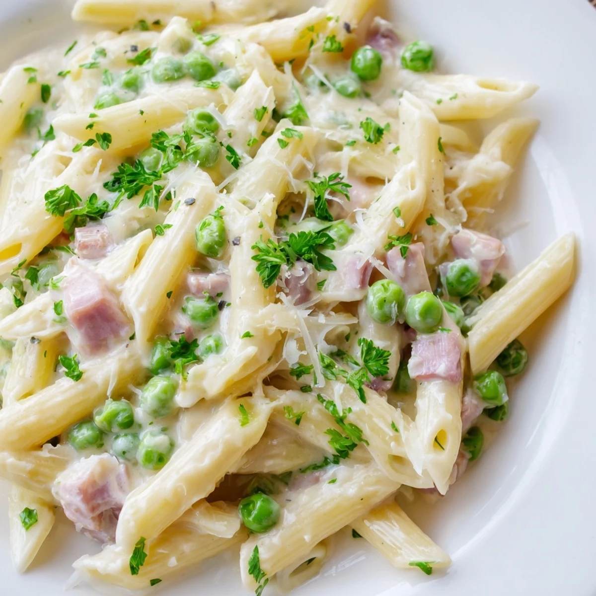 A comforting bowl of Spring Pea & Ham Pasta with penne, creamy sauce, and vibrant green peas, perfect for spring.