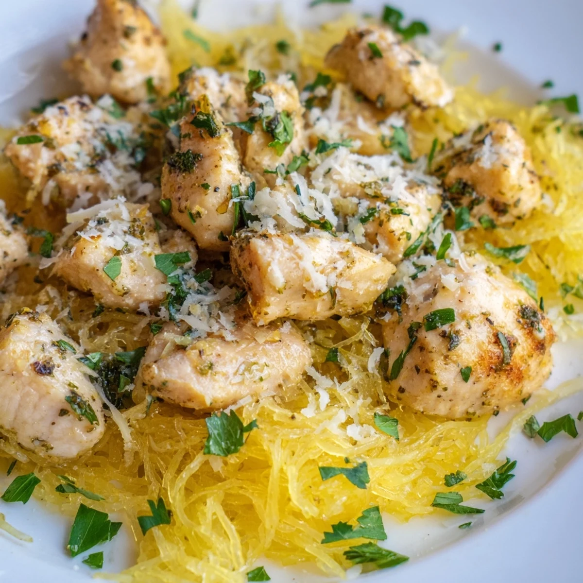 Fork-tender spaghetti squash topped with savory lemon garlic chicken and melted Parmesan, an easy and flavorful one-pan family dinner idea.