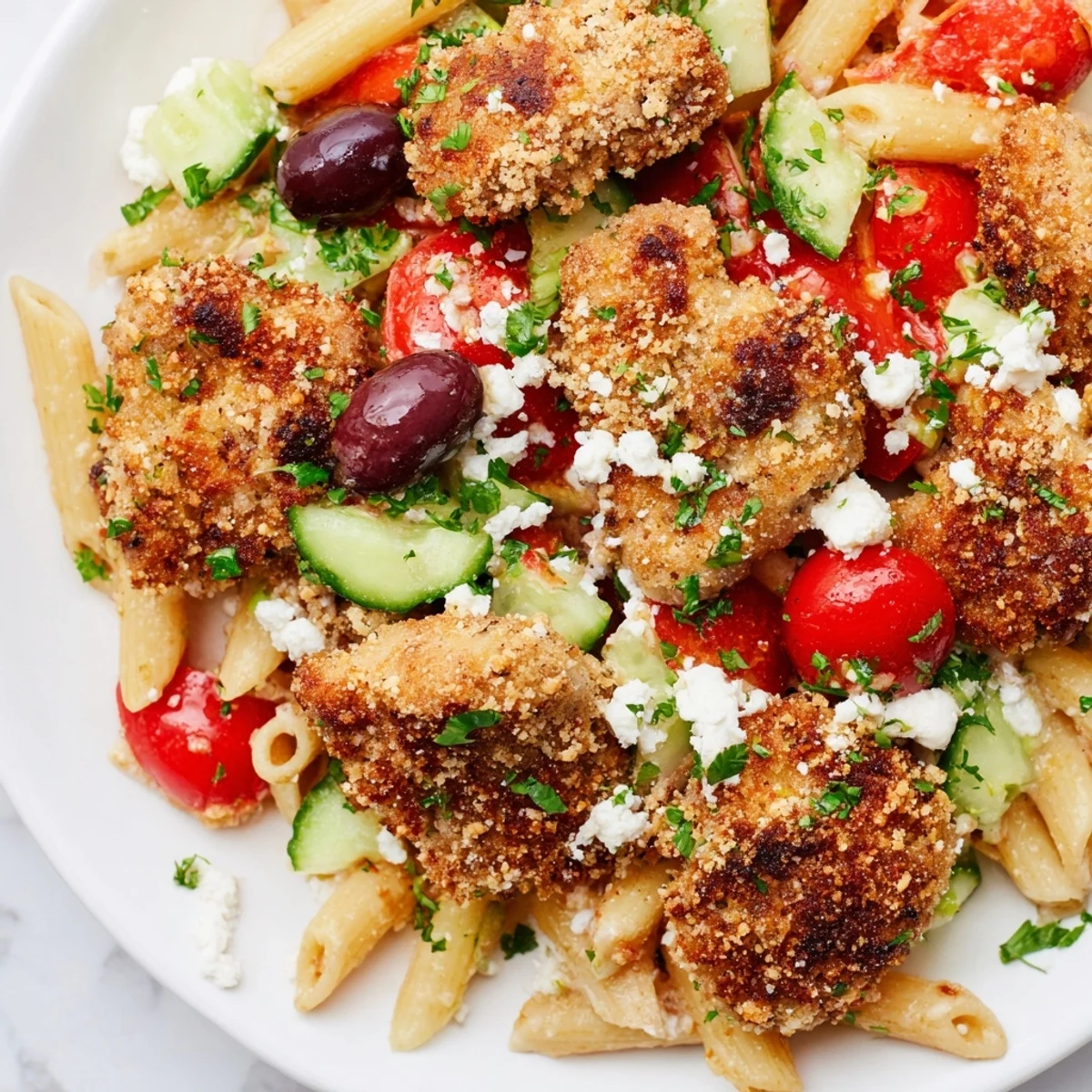 Golden crispy chicken bites rest atop penne pasta tossed with fresh tomatoes, cucumbers, olives, and creamy feta cheese in this Greek-inspired dish.