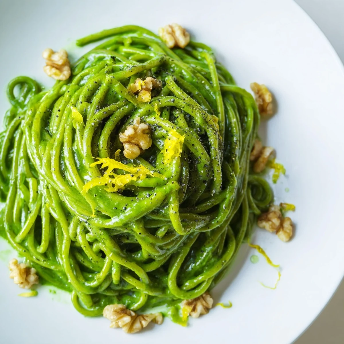 Steaming creamy spinach walnut pasta in a white bowl, garnished with chopped nuts and lemon zest.