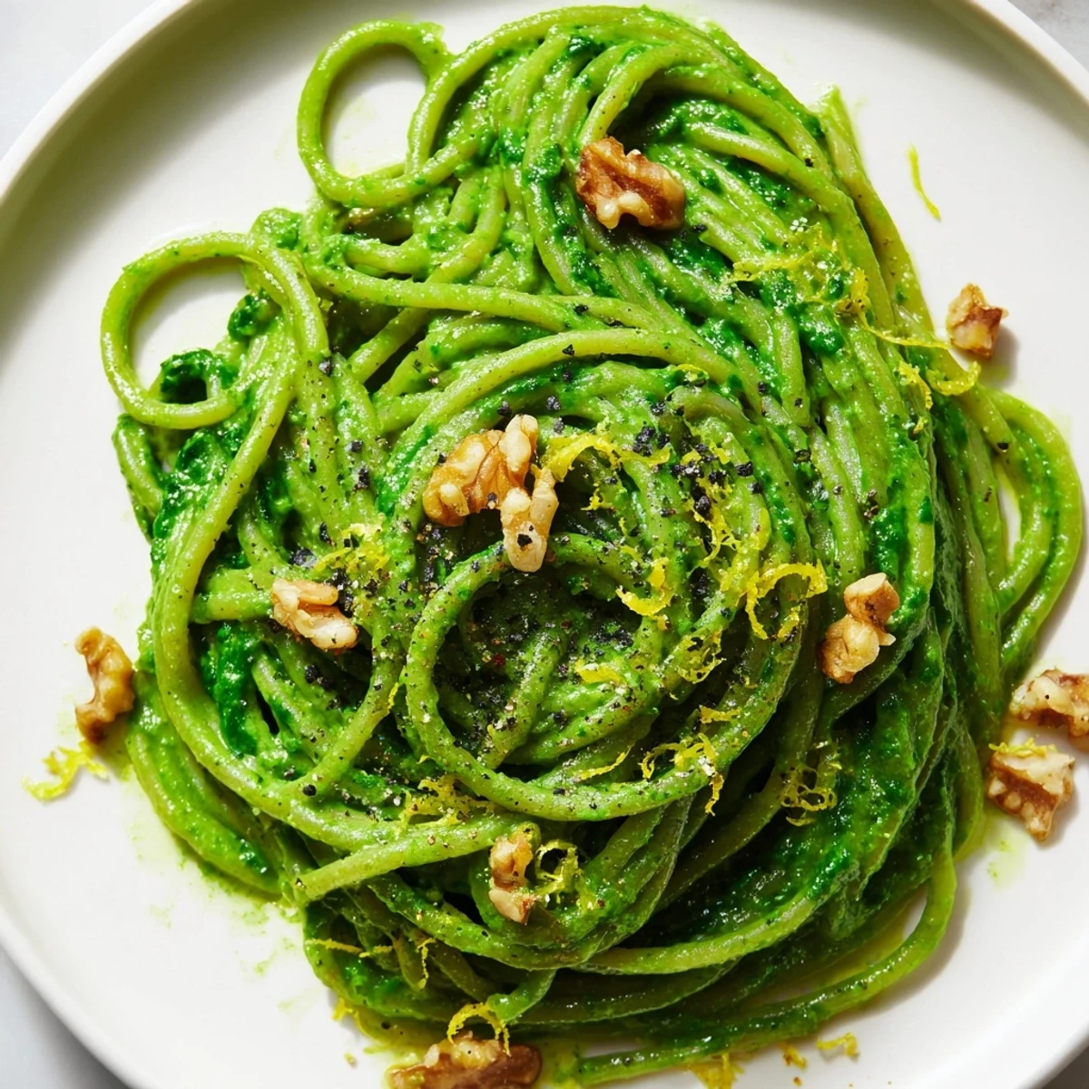 Close-up of creamy spinach walnut pasta with toasted walnuts, perfect for plant-based Italian-inspired meals.