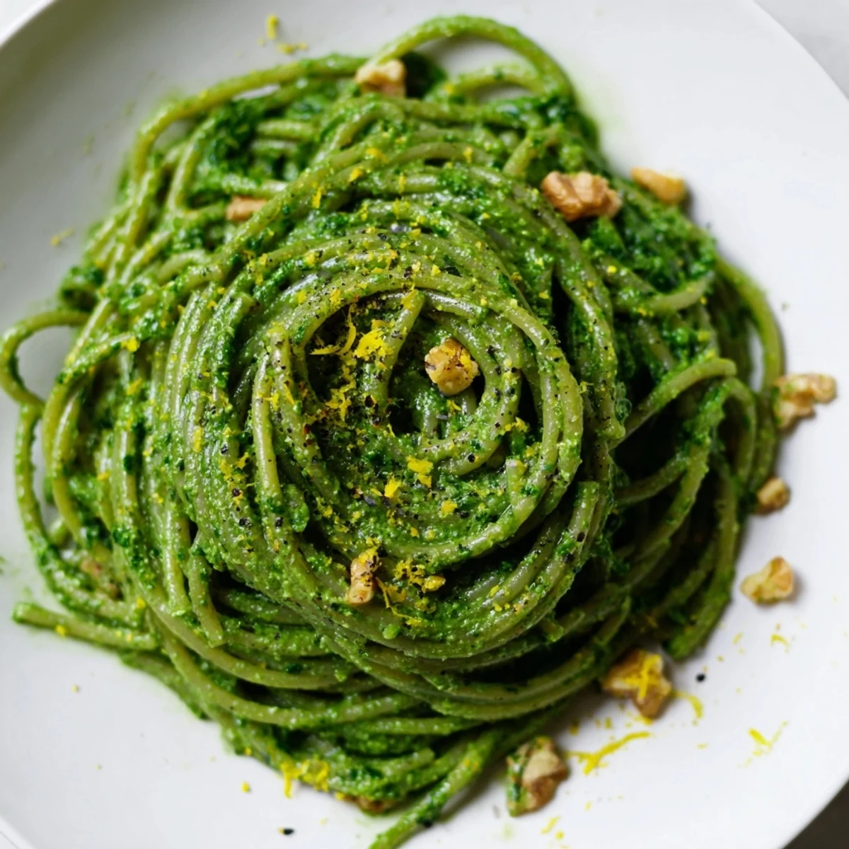 A fork twirls vibrant green pasta, showcasing the creamy texture of this vegan weeknight dinner.