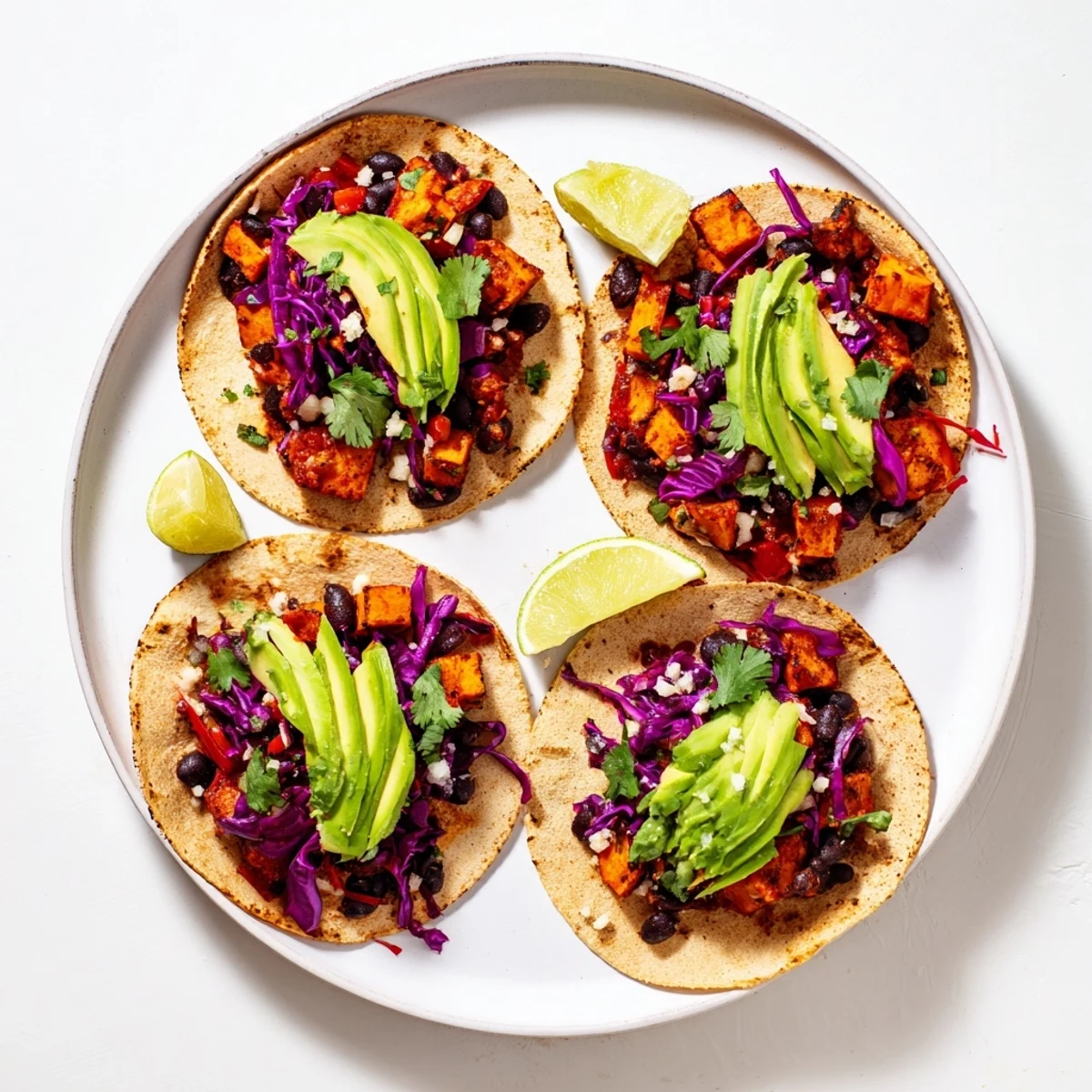 Freshly roasted sweet potatoes and black beans piled high on warm corn tortillas for Black Bean and Sweet Potato Tacos.