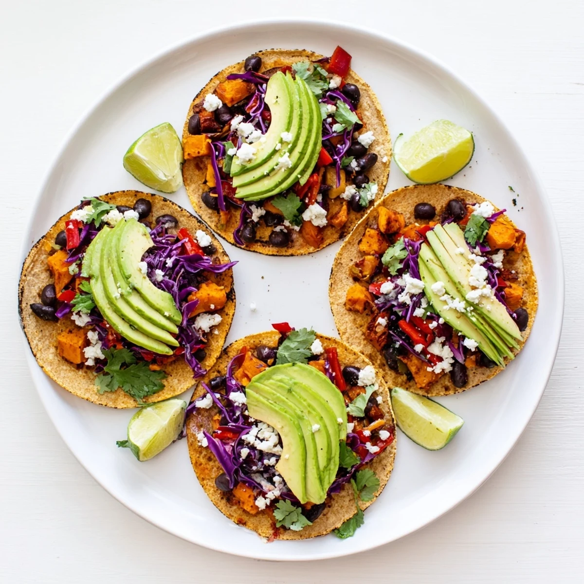Hearty vegan Black Bean and Sweet Potato Tacos garnished with cilantro and fresh lime wedges for a zesty finish.