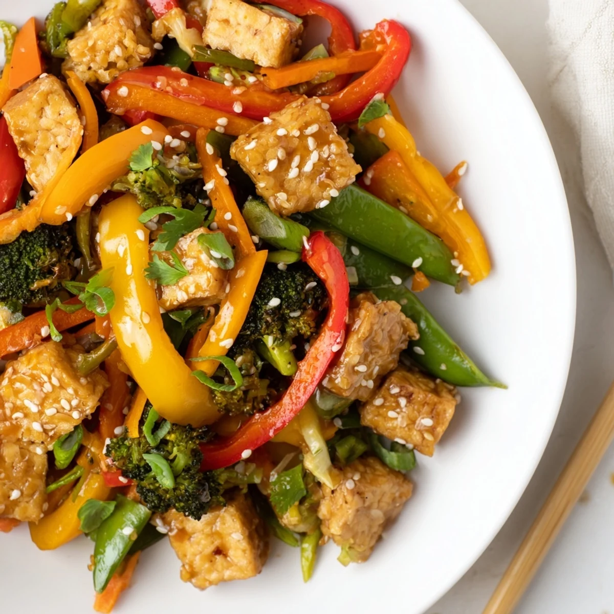 Served over steamed jasmine rice, this protein-packed Vegetable Tempeh Stir-Fry is garnished with toasted sesame seeds for a perfect weeknight meal.