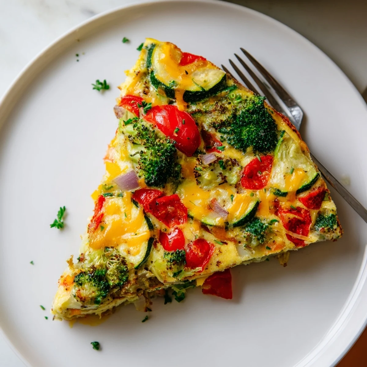 A freshly baked vegetable frittata, golden and puffed, filled with colorful broccoli, bell peppers, and melted cheese.