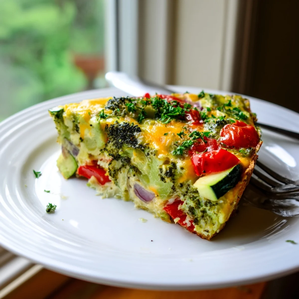 Sliced vegetable frittata on a white plate, ready for brunch with a side salad and crusty bread.