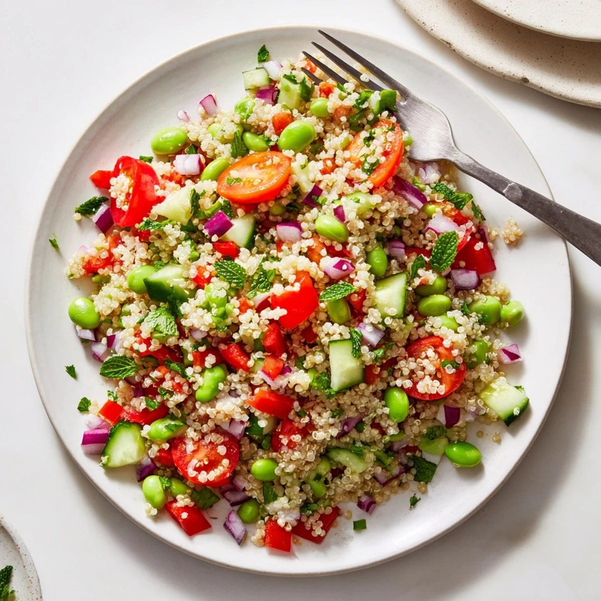 A colorful bowl of Edamame and Quinoa Salad ready to serve.