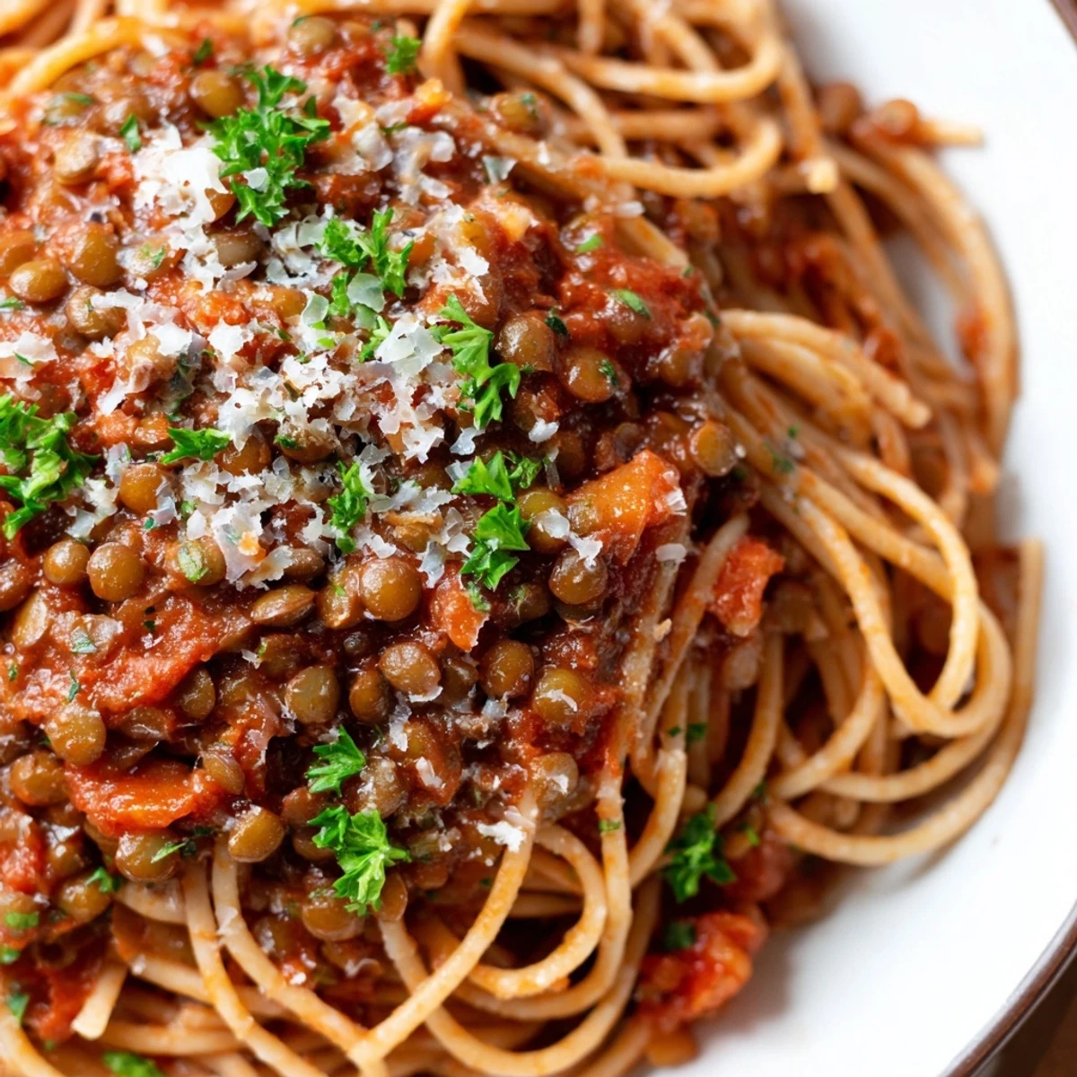 A close-up of Lentil Bolognese sauce ladled over spaghetti, garnished with fresh basil and optional Parmesan.