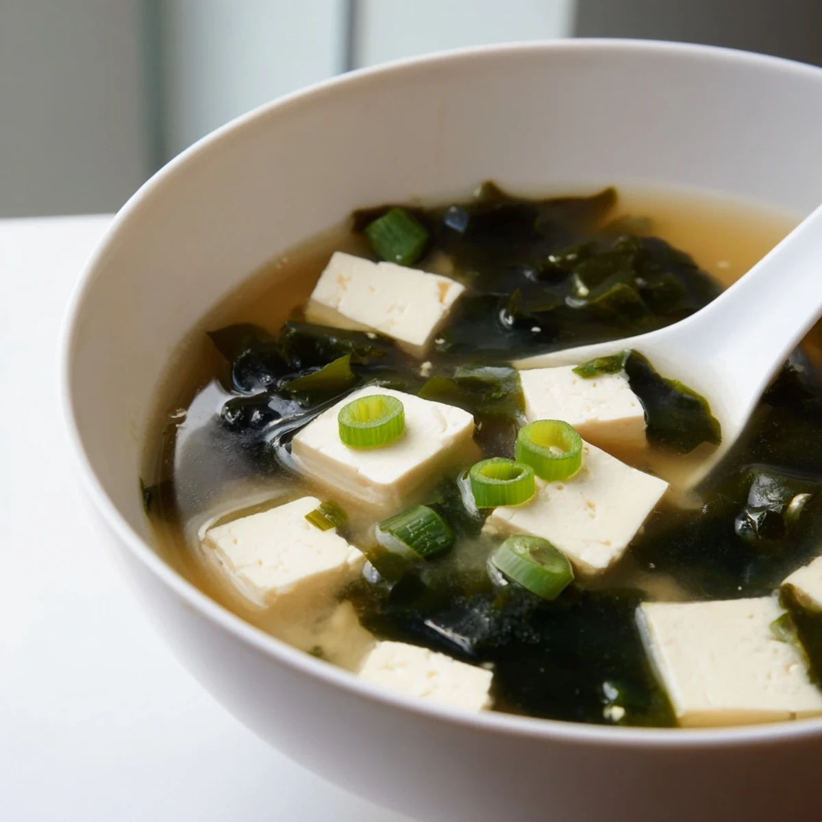 Up-close view of delicate tofu and rehydrated wakame seaweed in a comforting Miso Soup With Tofu, highlighting its gentle, umami broth.