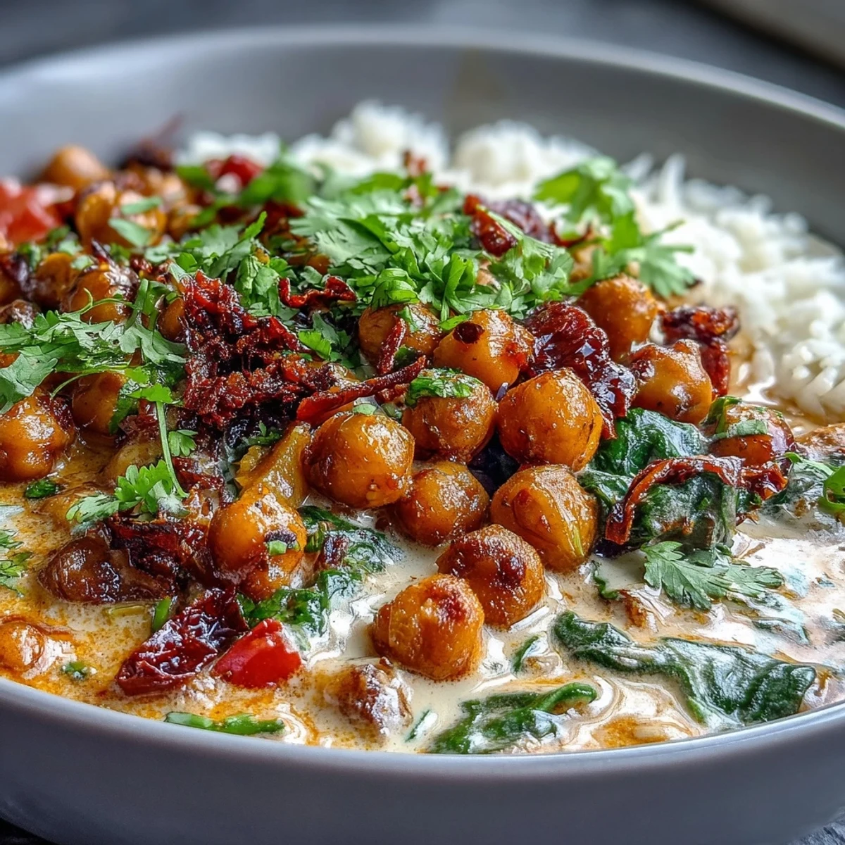 Velvety plant-based Chickpea Curry, bright with lime and fresh cilantro garnish.