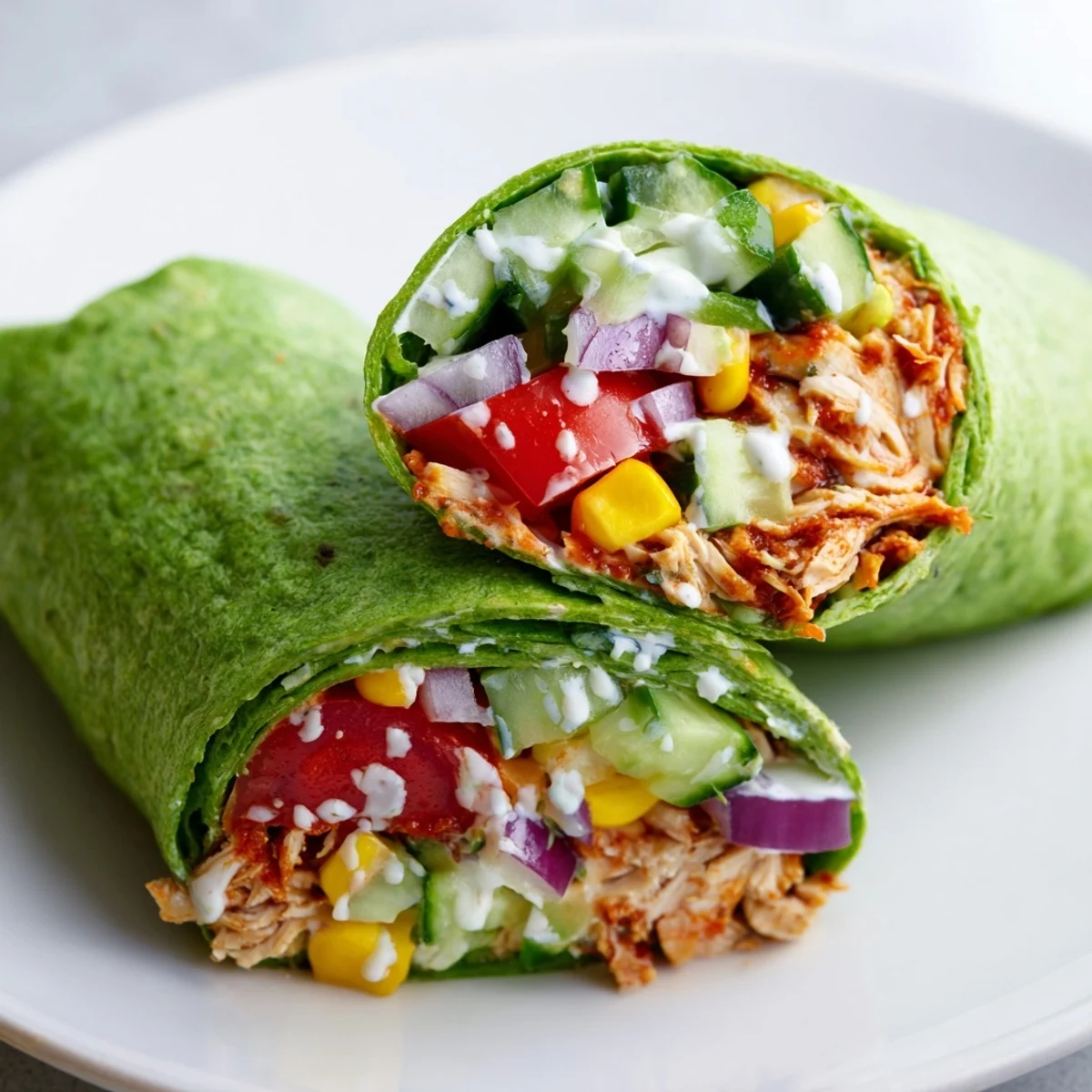 Freshly rolled spinach tortilla filled with smoky BBQ chicken salad, crisp romaine lettuce, juicy cherry tomatoes, and crunchy cucumbers.