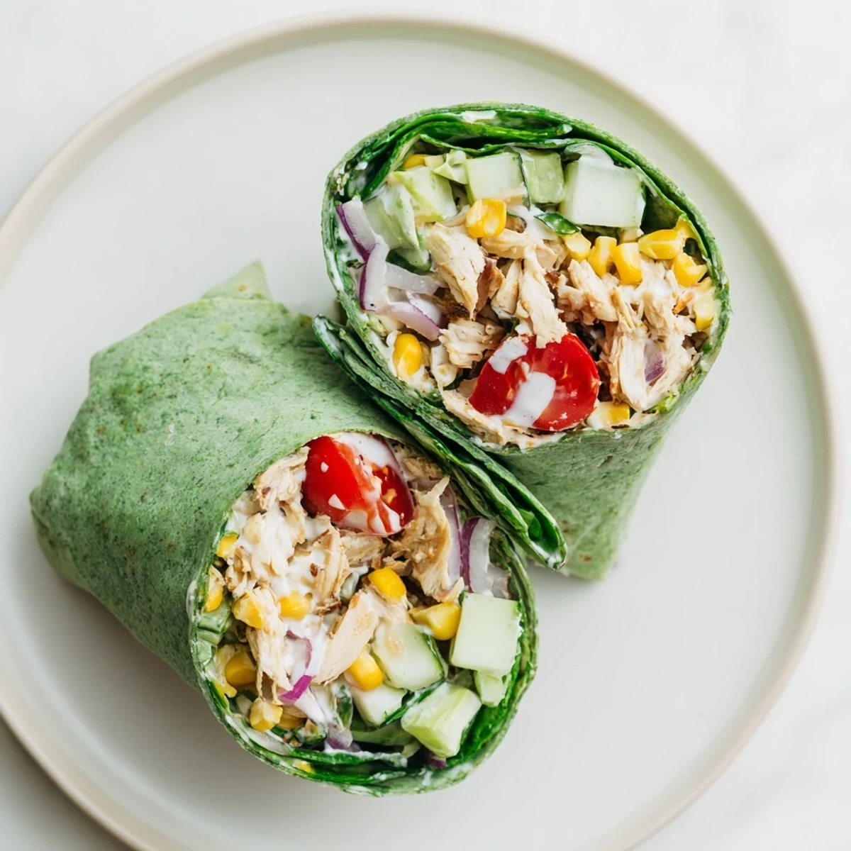 A satisfying, high-protein BBQ Chicken Salad Wrap served alongside iced tea, perfect for a quick and easy lunch.