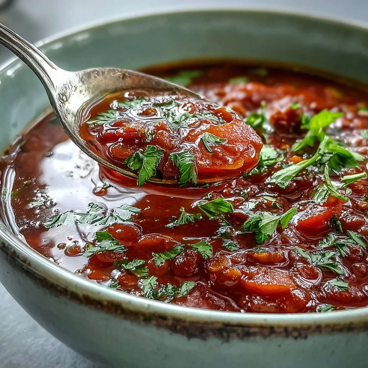Hearty Tomato Lentil Soup steaming in a bowl, garnished with fresh parsley and a lemon wedge.