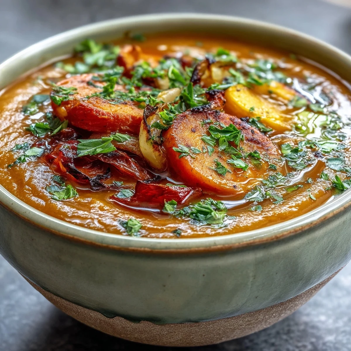 A comforting bowl of Roasted Vegetable Soup garnished with fresh parsley and crunchy croutons