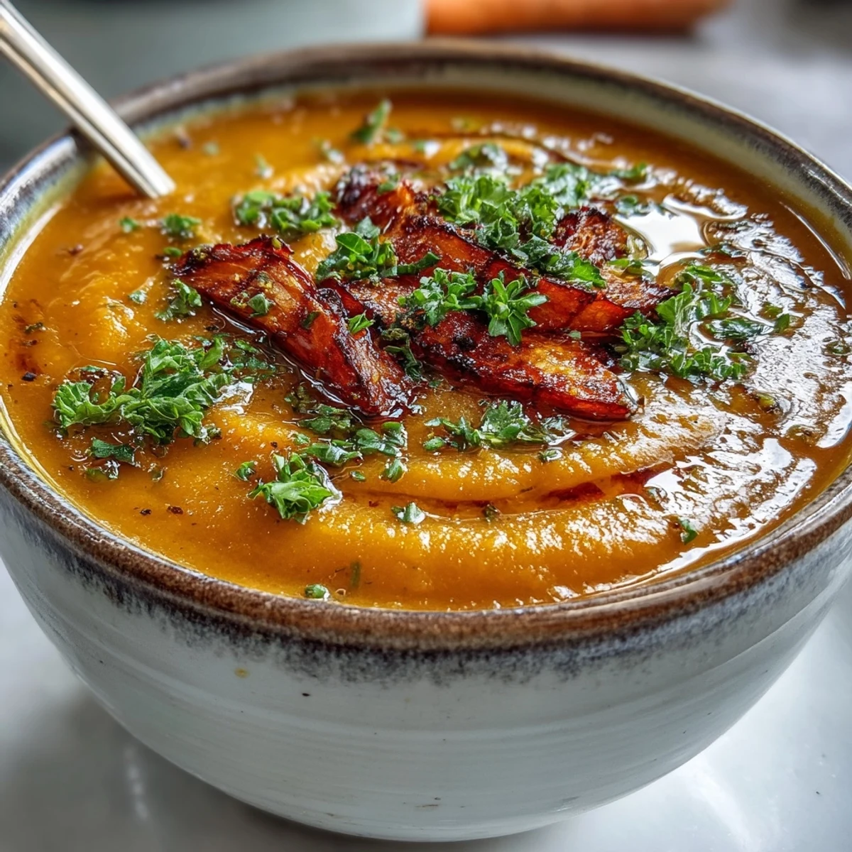 A spoon dipping into a creamy bowl of Roasted Vegetable Soup made with oven-roasted carrots and sweet potato