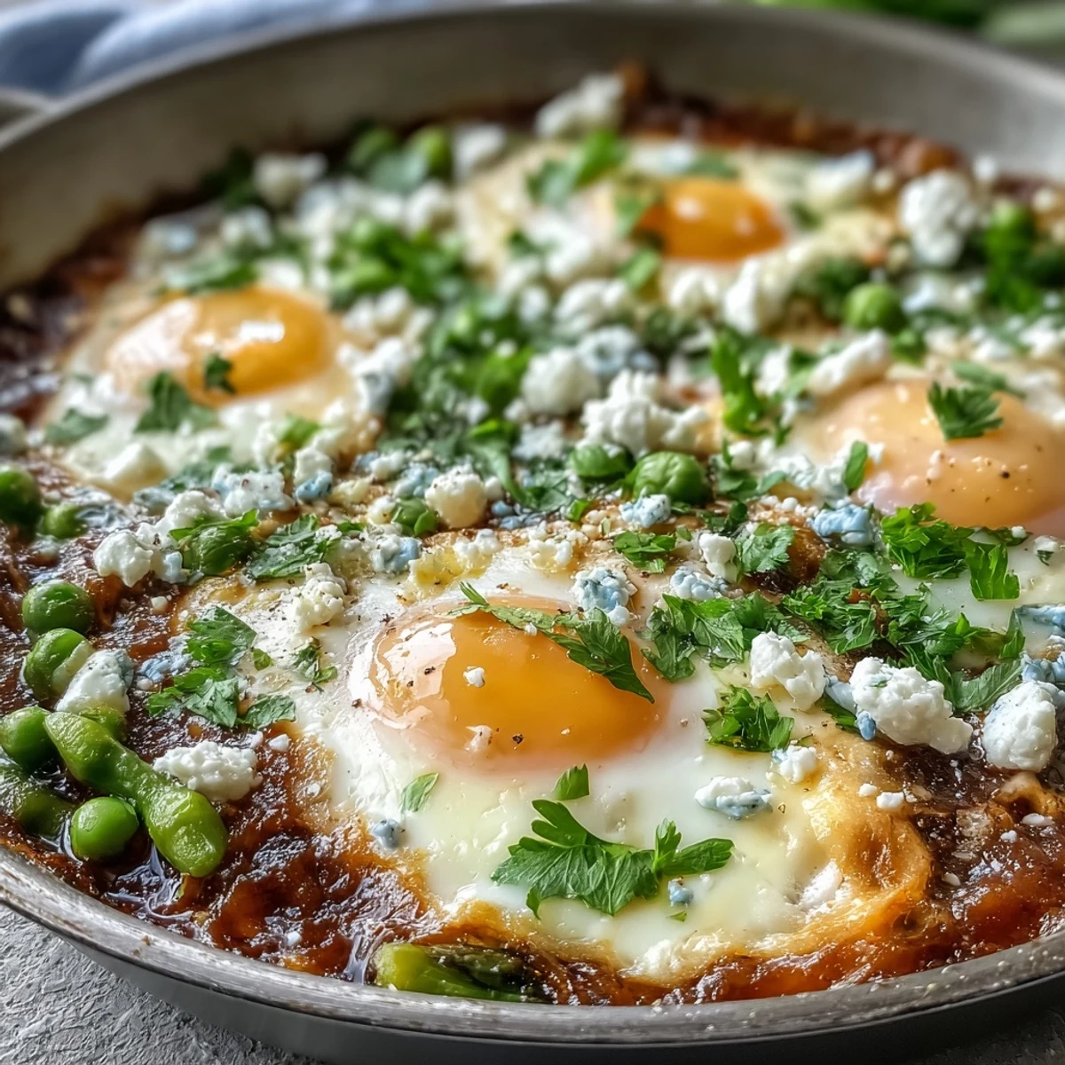 Spring-inspired Pea and Broad Bean Shakshuka features bright green vegetables and runny egg yolks in a spicy tomato sauce.