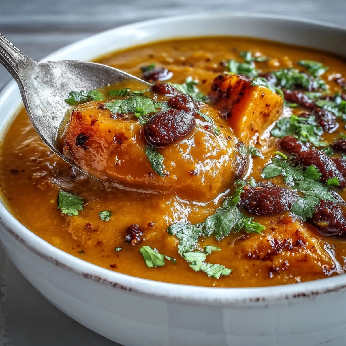 Creamy Sweet Potato and Black Bean Soup simmering in a pot, garnished with cilantro and lime wedges.