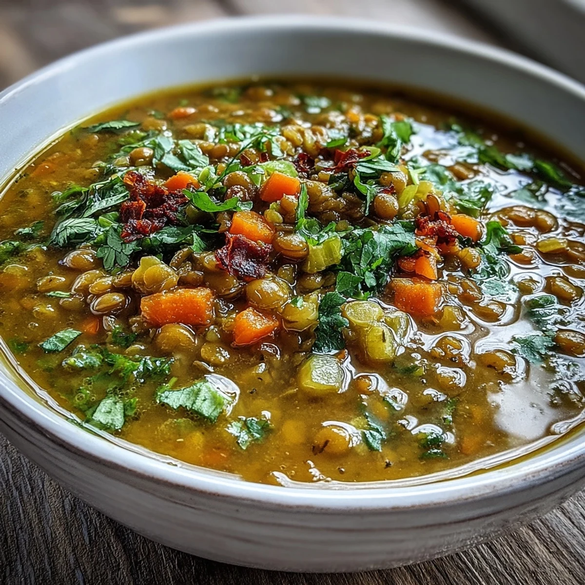 A steaming bowl of homemade Mung Bean Soup, garnished with fresh cilantro and a lemon wedge.