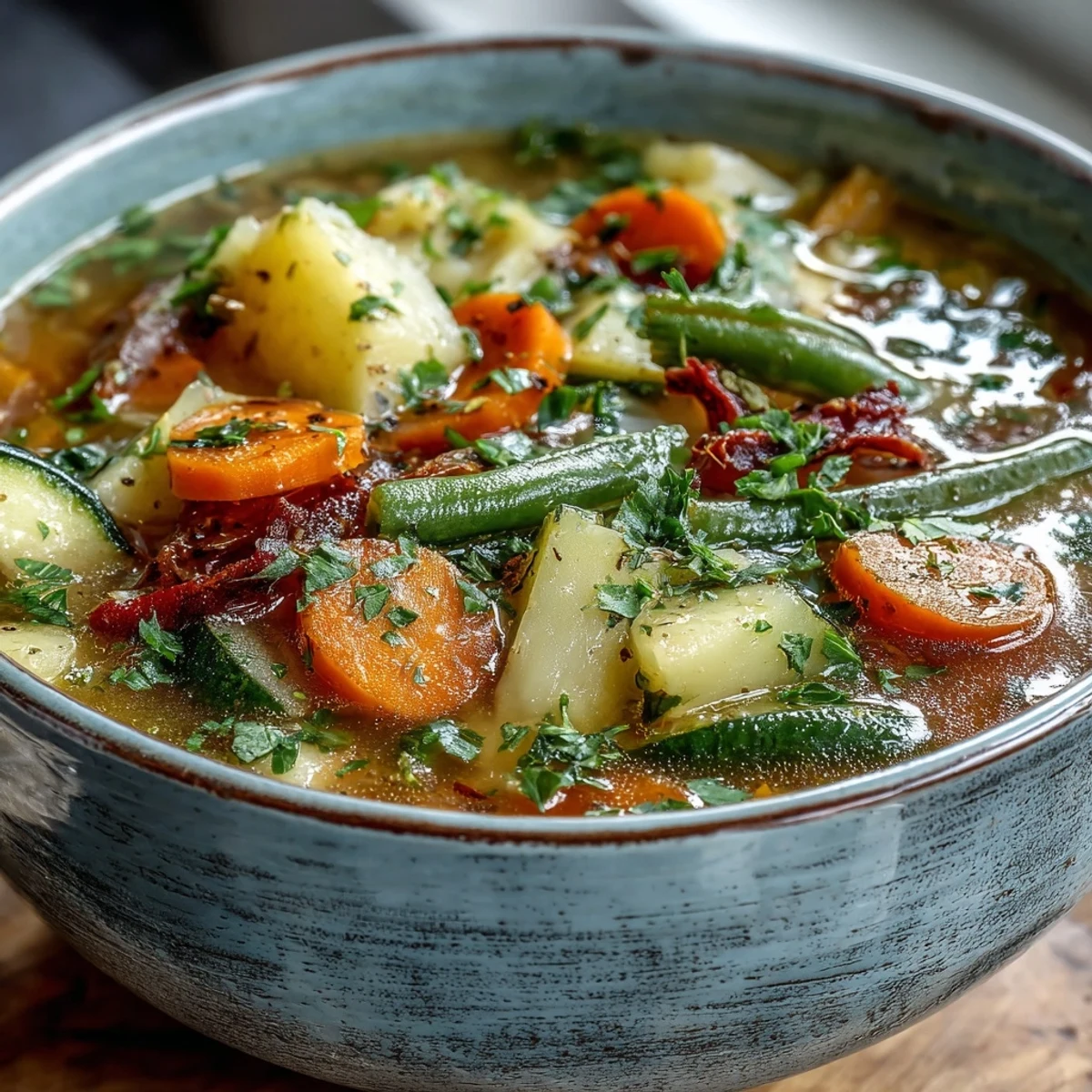 A steaming bowl of Potato and Vegetable Soup garnished with fresh parsley, served next to crusty bread for dipping.