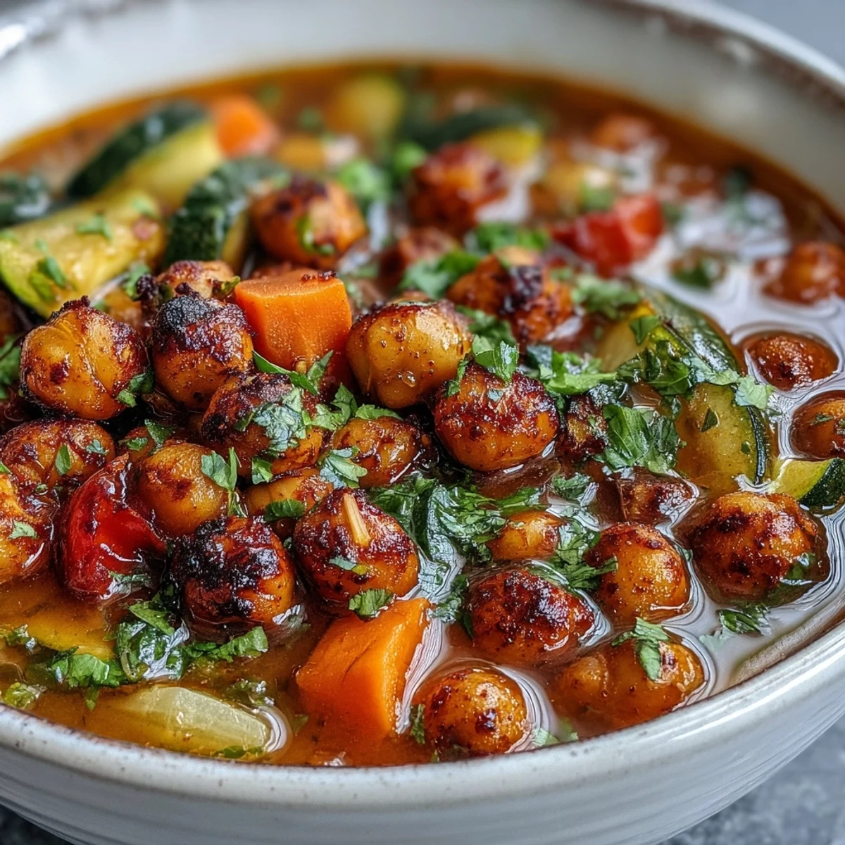 Steaming bowls of Spiced Chickpea and Vegetable Soup garnished with fresh cilantro, showcasing roasted chickpeas and tender kale in a rich broth.