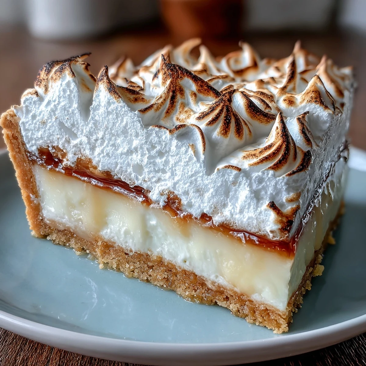 A whole Lemon Meringue Pie sits on a marble countertop, featuring a crisp pastry crust and fluffy, cloud-like meringue peaks.