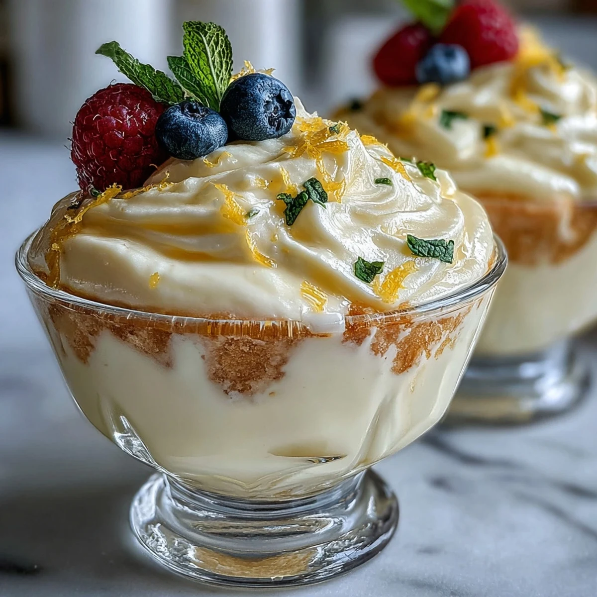 Homemade lemon fool dessert garnished with crushed shortbread biscuits, a perfect gluten-free British classic for easy entertaining.
