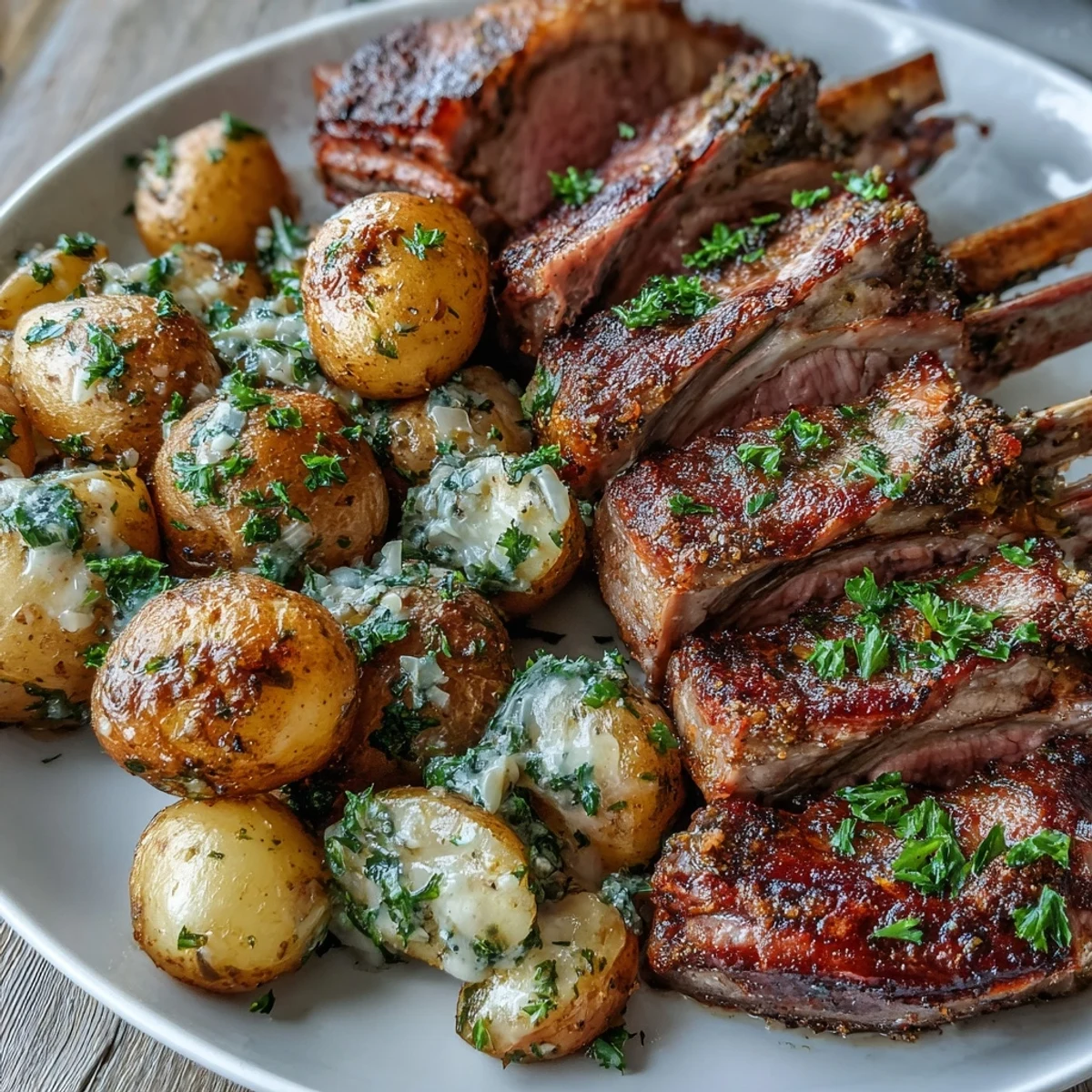 Golden-brown rack of lamb with herb crust next to crispy roasted potatoes studded with chopped green olives, served on a rustic platter.