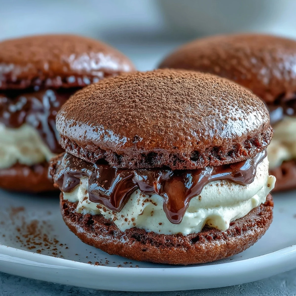 A cross-section reveals the soft chocolate cookie and creamy coffee mascarpone filling in a Tiramisu Whoopie Pie.