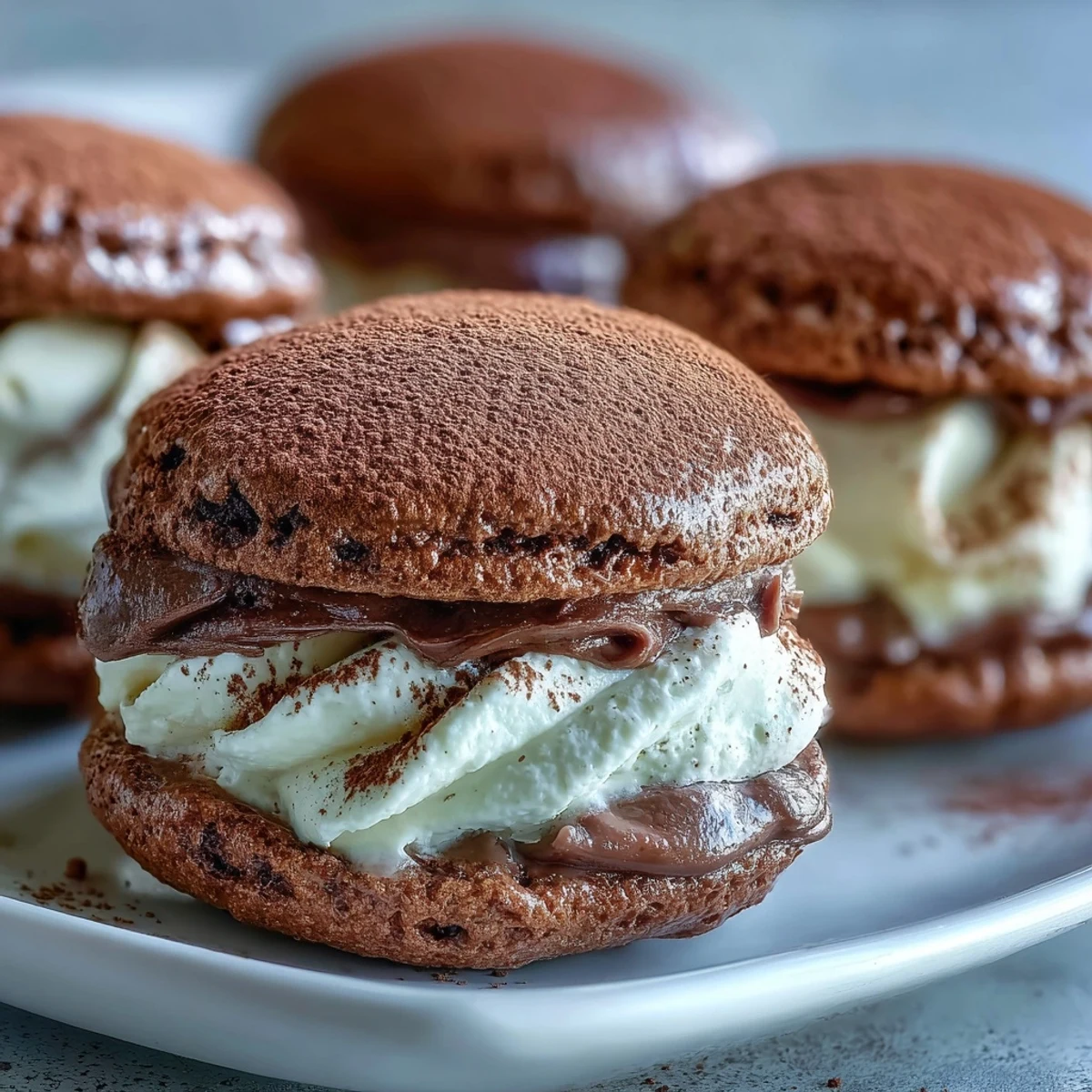 Freshly baked Tiramisu Whoopie Pies with rich cocoa-dusted tops sit on a wire cooling rack.