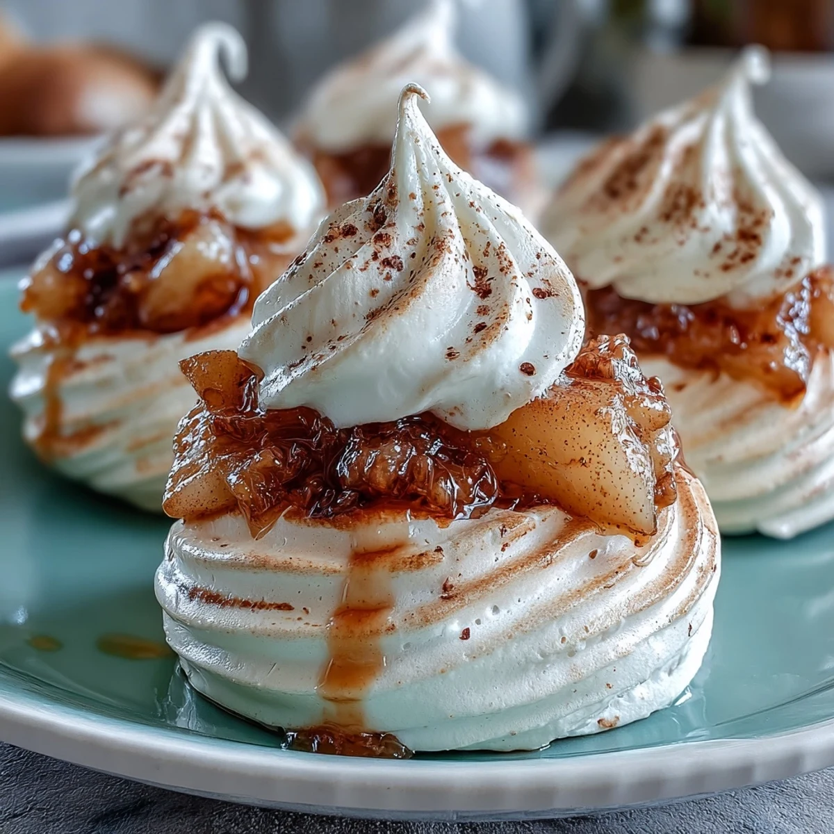 Crisp Mini Hot Toddy Pavlovas filled with spiced whipped cream and tender poached pears for dessert.